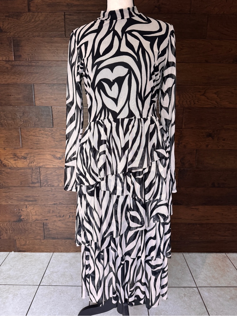 Black & White Zebra-Print Tiered Midi Dress